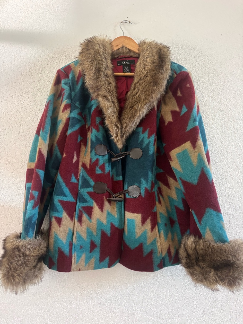 Midnight Velvet Teal Burgundy Tan Aztec Toggle Pea Coat with Faux Fur